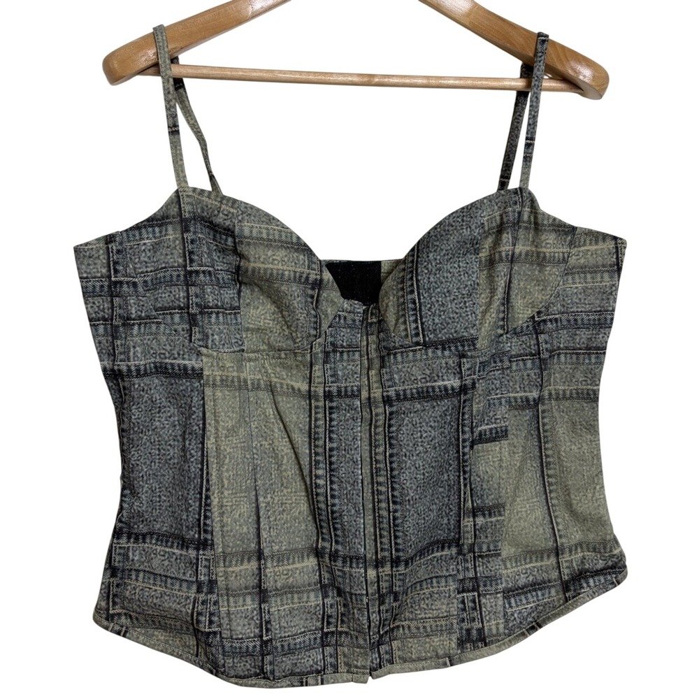 I Am Gia Juno Denim Print Hook & Eye Tank‎ Corset Top Size XL